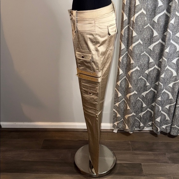 Cache Vintage Y2K Deadstock Champagne Metallic Satin Low Rise Cargo Flares SZ 6 - Picture 5 of 10
